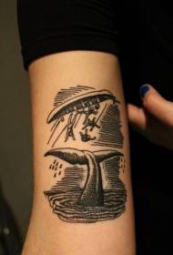 arm simple black Line boat and fishtail tattoo pattern