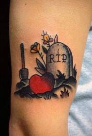 old school tombstone heart shape and shovel color arm tattoo pattern