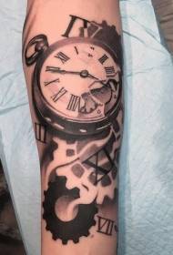 Arm worn clock and gear black and white tattoo pattern