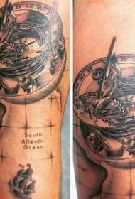 arm very realistic black and white quirky compass map tattoo pattern