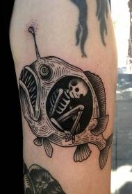 arm scary Black line fish and skull tattoo pattern