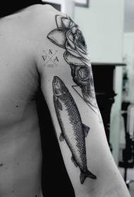 braço estilo incomum preto e branco grande peixe e flor tatuagem padrão