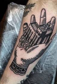 arm industrial style black line castle and hand tattoo pattern