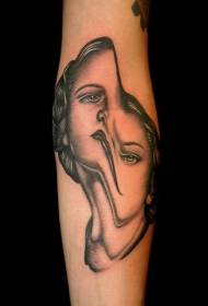 arm unique design twisted black and white female portrait tattoo pattern