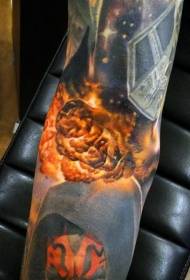 Arm colored space explosion realistic tattoo pattern