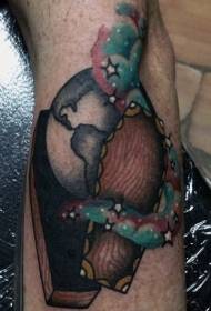 interesting colored small coffin with planet and star arm) Tattoo pattern
