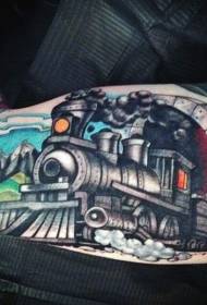 arm cartoon style colored steam train and tunnel tattoo pattern