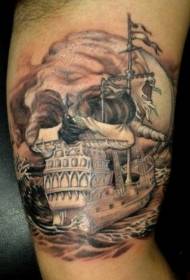 arm nautical themed sailboat combined with skull tattoo pattern