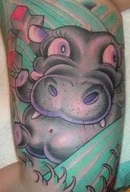 braccio bellissimo cartone animato colorato ippopotamo e pattern di sfondo tatuaggio verde