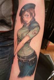 rokas karikatūras stila krāsainas militārās meitenes tetovējums