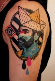 big arm unique style mysterious color paper boat and male portrait tattoo pattern