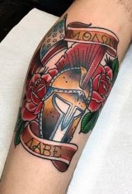 arm old school color Roman warrior helmet and rose tattoo pattern