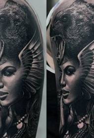 arm realistic style black and white fantasy woman and wolf tattoo pattern