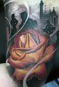 arm realistic color rose and dark cemetery tattoo pattern