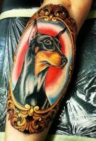 calf, old school colorful frame and Doberman tattoo pattern