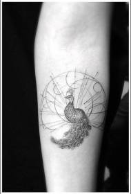 Geometric style small peacock black gray arm tattoo pattern
