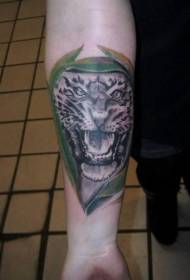 arm roaring white tiger and leaf tattoo pattern