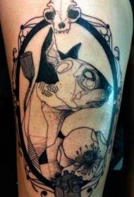 rameno osobnosť čierna a biela mačka s kvetinami lebka abstraktné tetovanie vzor