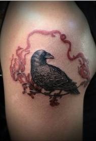 realistic crow with red ribbon flower tattoo pattern