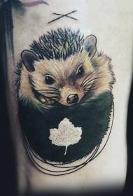 cute little hedgehog and maple leaf tattoo pattern on the arm