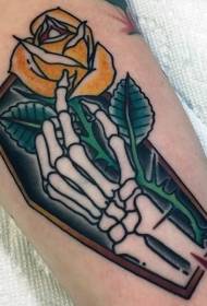 arm cute little coffin with pick yellow rose tattoo pattern