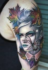 arm dreamy painted woman portrait with spider tattoo pattern