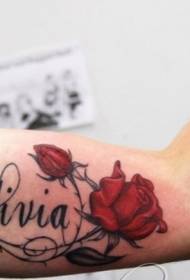 浪漫的英文名字和红玫瑰手臂纹身图案