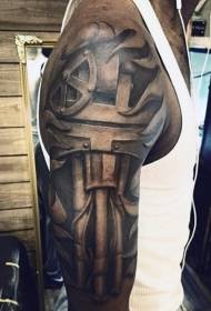 napaka-makatotohanang itim na bio-mechanical style arm tattoo pattern