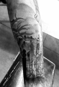 arm mysterious black and white cemetery tattoo pattern