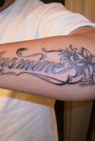 arm black gray letters with jasmine tattoo pattern