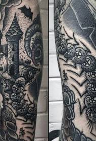 old school black and white mysterious castle arm tattoo pattern