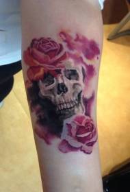 arm pink rose with skull tattoo pattern
