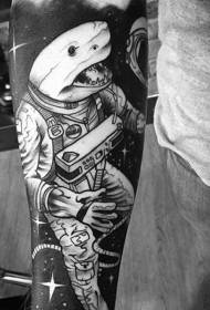 arm fun black and white astronaut and shark head tattoo pattern