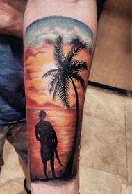 Colored coastal side portrait and palm tree arm tattoo pattern