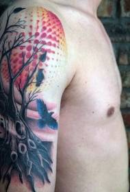 braço de árvore preta com corvos e pontos coloridos padrão de tatuagem