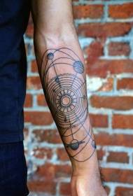 arm science style black and white solar tattoo pattern