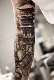 Въоръжава невероятна азиатска архитектура и голям модел на татуировка на дърво