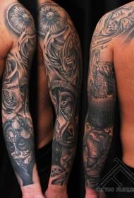 rankos meksikietiško stiliaus juodai balta kaukė ir kompaso tatuiruotės modelis