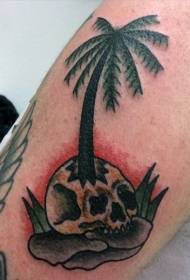 Funny design colored small palm tree with skull arm tattoo pattern