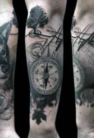 arm impressive compass wolf and ECG tattoo pattern