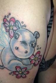 милий мультфільм синій бегемот і рожева квітка рука татуювання візерунок