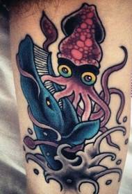 Old school colorful squid and whale arm tattoo pattern