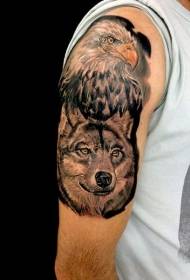 arm painted nice-looking eagle and wolf head tattoo pattern