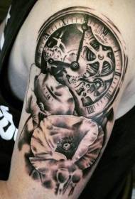 very realistic black and white mechanical clock with flower arm tattoo pattern