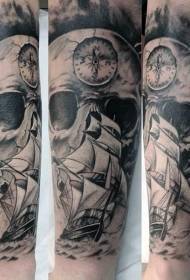 Black and white huge skull and sea sailor arm tattoo pattern