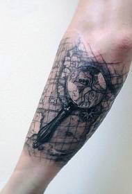 arm realistic black and white world map with Magnifying glass tattoo pattern