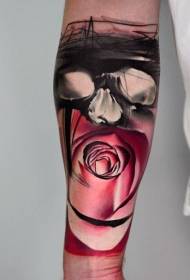 arm mysterious design of colored roses with masked men's tattoo pattern