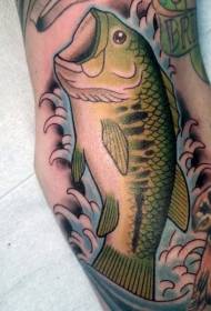 old school green fish and spray arm tattoo mønster