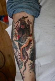 arm colorful mouse and dagger tattoo pattern