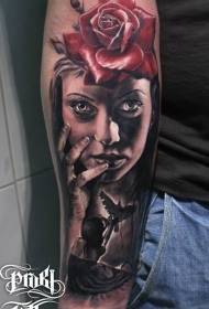 arm creepy portrait of real woman with red floral tattoo pattern